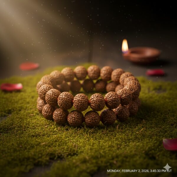 The 5 Mukhi Rudraksha Bracelet is a sacred shield of peace and health that harmonizes the five elements to bring mental clarity, stress relief, and spiritual balance to the wearer.